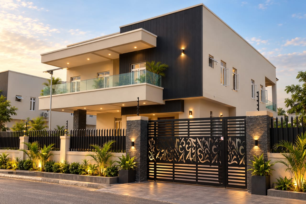 Oasis Apartments with a glass balcony and decorative entrance gate
