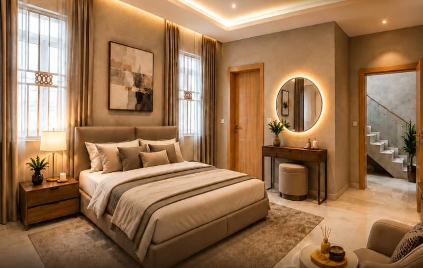 Oasis bedroom with warm lighting, upholstered bed and illuminated vanity mirror